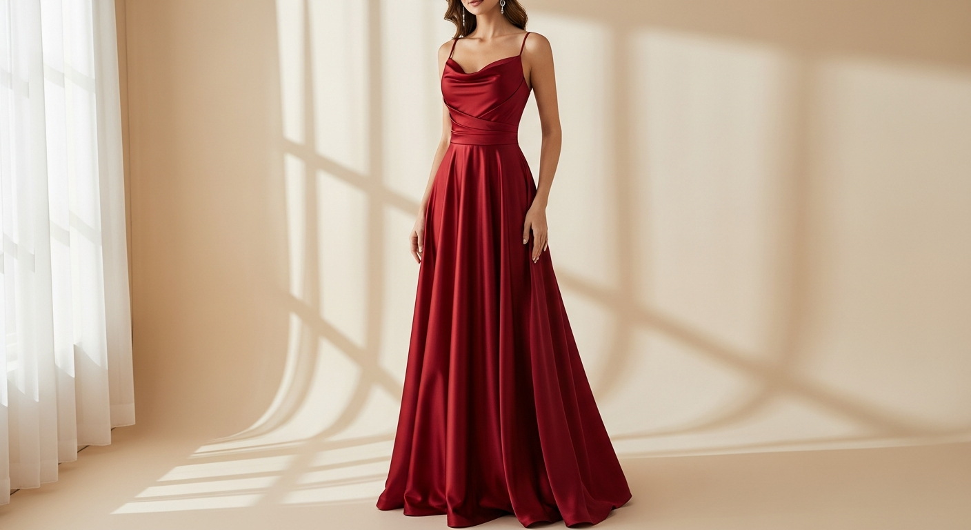 Elegant satin cowl neck prom dress with custom sizing and A-line silhouette