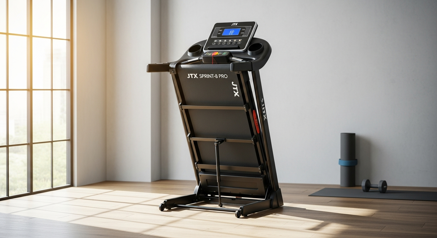 JTX Sprint-8 Pro folding smart treadmill with large display screen in home gym setting