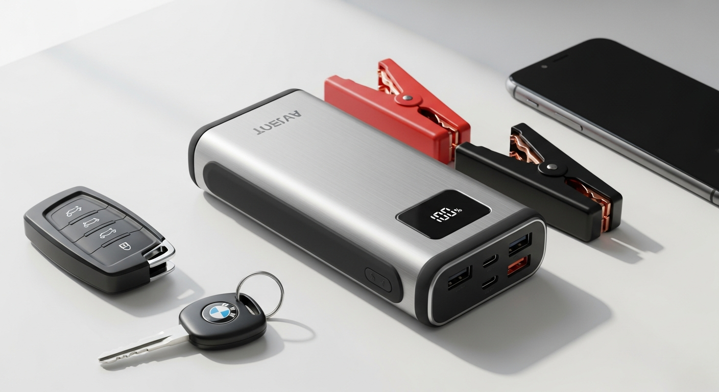 Portable car jump starter power bank with LED flashlight and USB charging ports displayed on vehicle dashboard