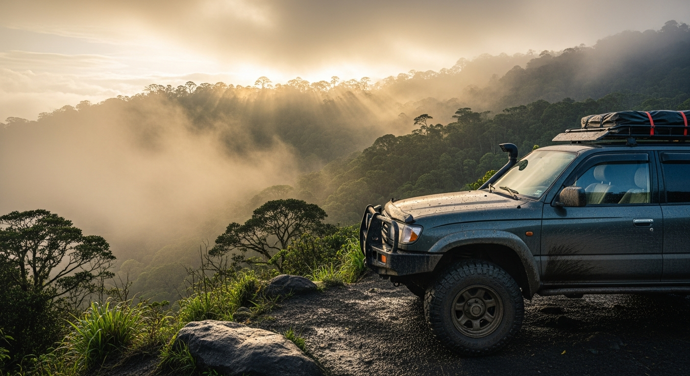 4x4 SUV driving on rugged Costa Rican mountain terrain through lush jungle landscape