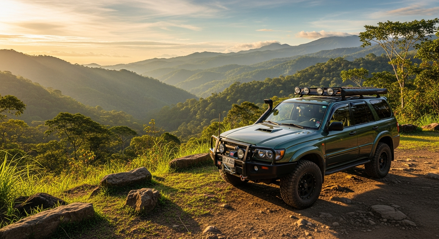 Jumbo Car Costa Rica 4x4 SUV parked on rugged mountain terrain with lush jungle backdrop