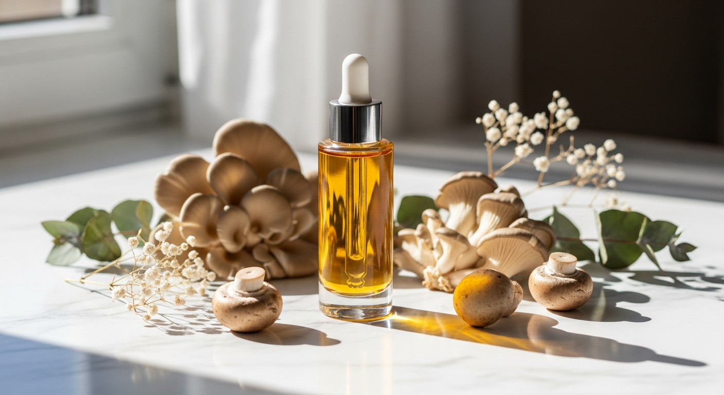 100% Pure Mushroom Peptide Firming Serum bottle with medicinal mushrooms