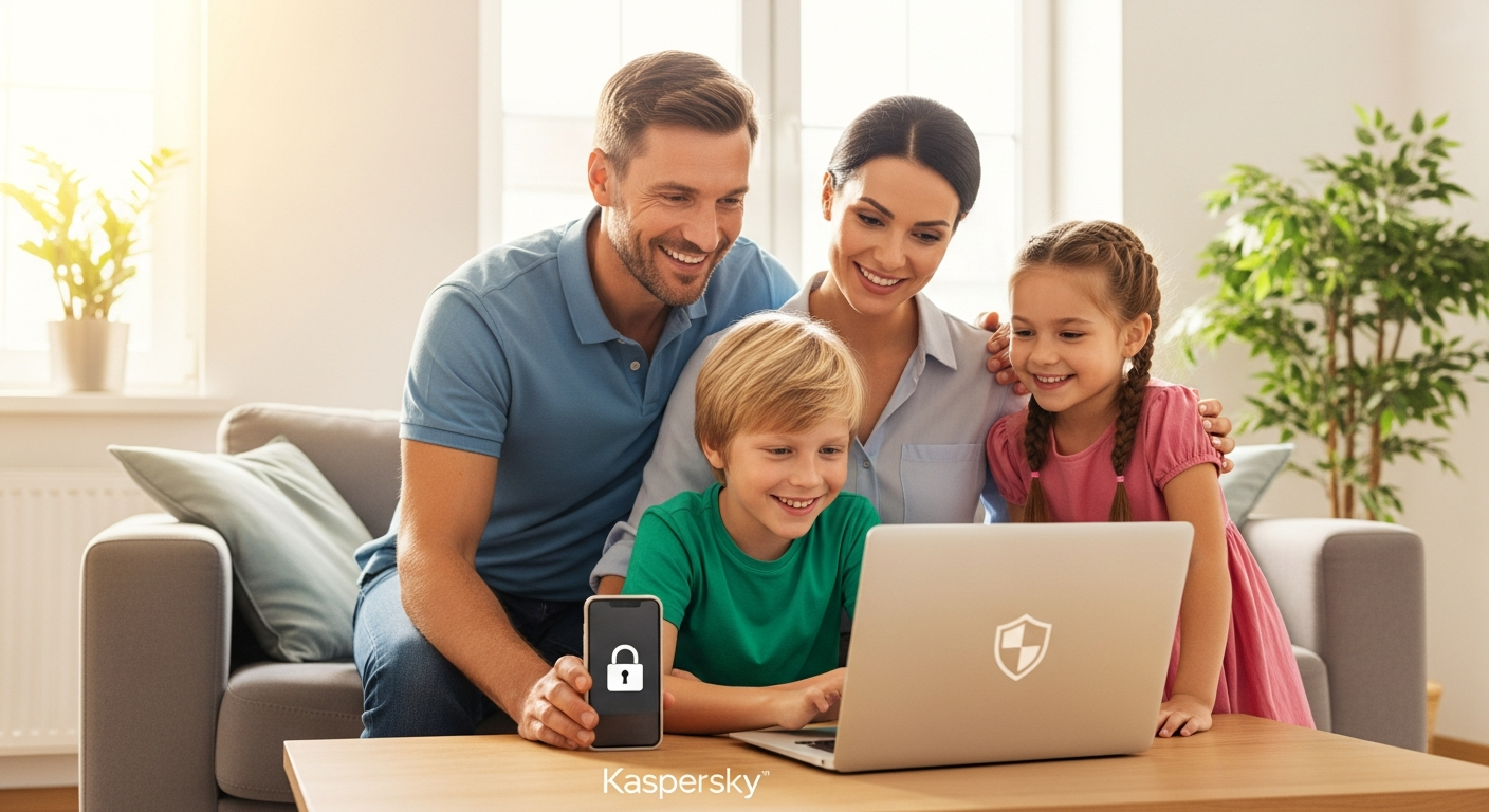 Kaspersky Standard Antivirus protection interface displayed on multiple family devices