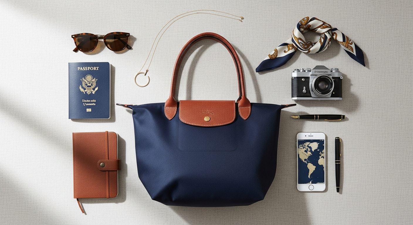Longchamp Le Pliage Medium Tote in black with Russian leather handles displayed flat