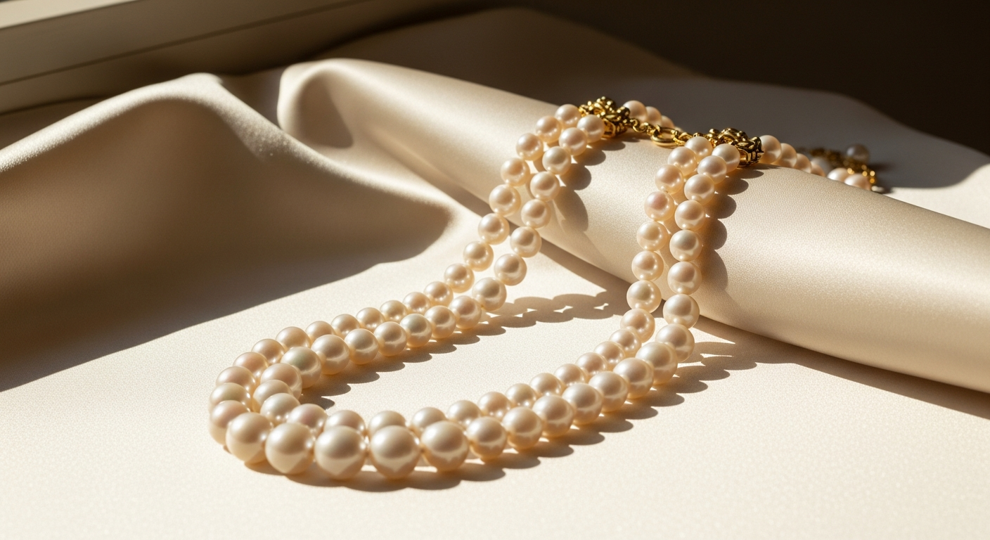 Barbara Bush Triple Strand Pearl Necklace displayed on elegant jewelry stand