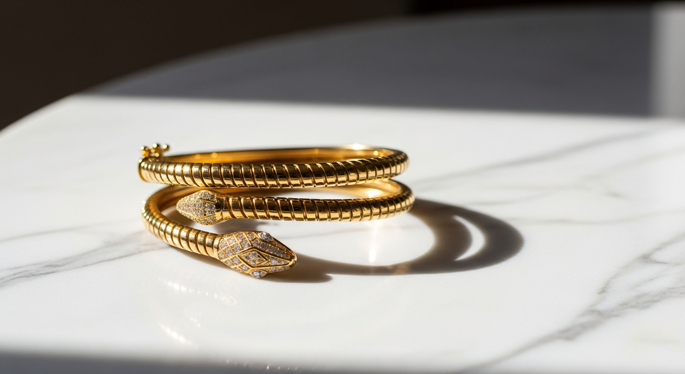 Kenneth Jay Lane iconic gold snake bracelet with crystal eyes on white background