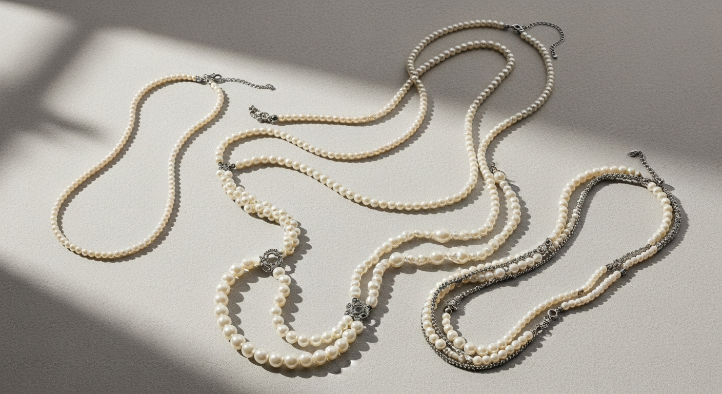Classic faux pearl necklace styled with elegant white blouse and blazer