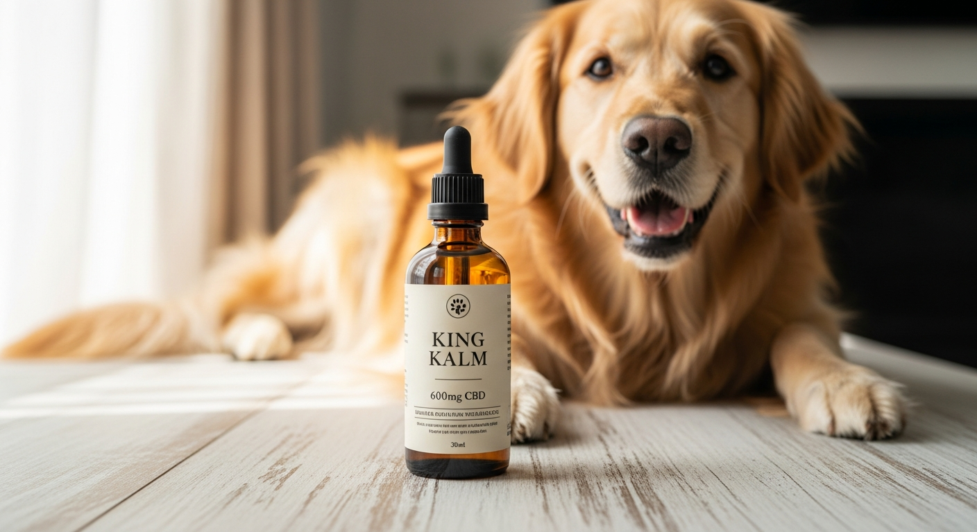 King Kalm 600mg CBD oil bottle with dropper for dogs wellness support
