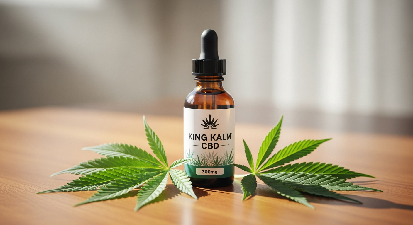 King Kalm CBD Oil 300mg bottle with krill oil carrier and precision dosing syringe for dogs