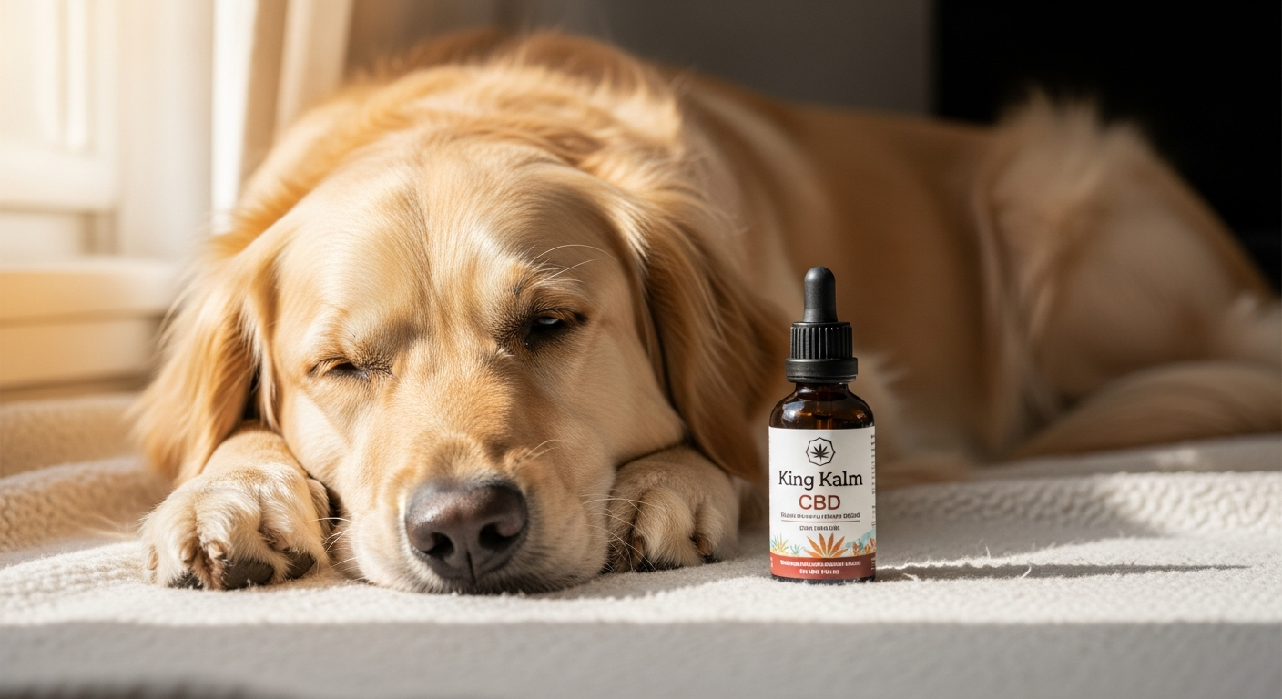 King Kalm CBD Oil bottle with dropper and krill oil carrier for pet wellness