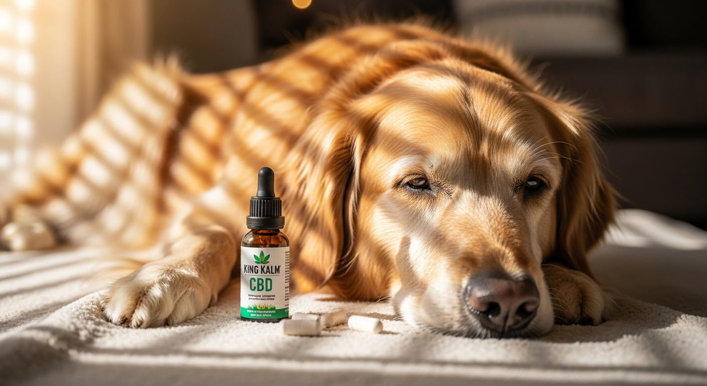 Senior golden retriever receiving CBD oil dropper with joint support supplement