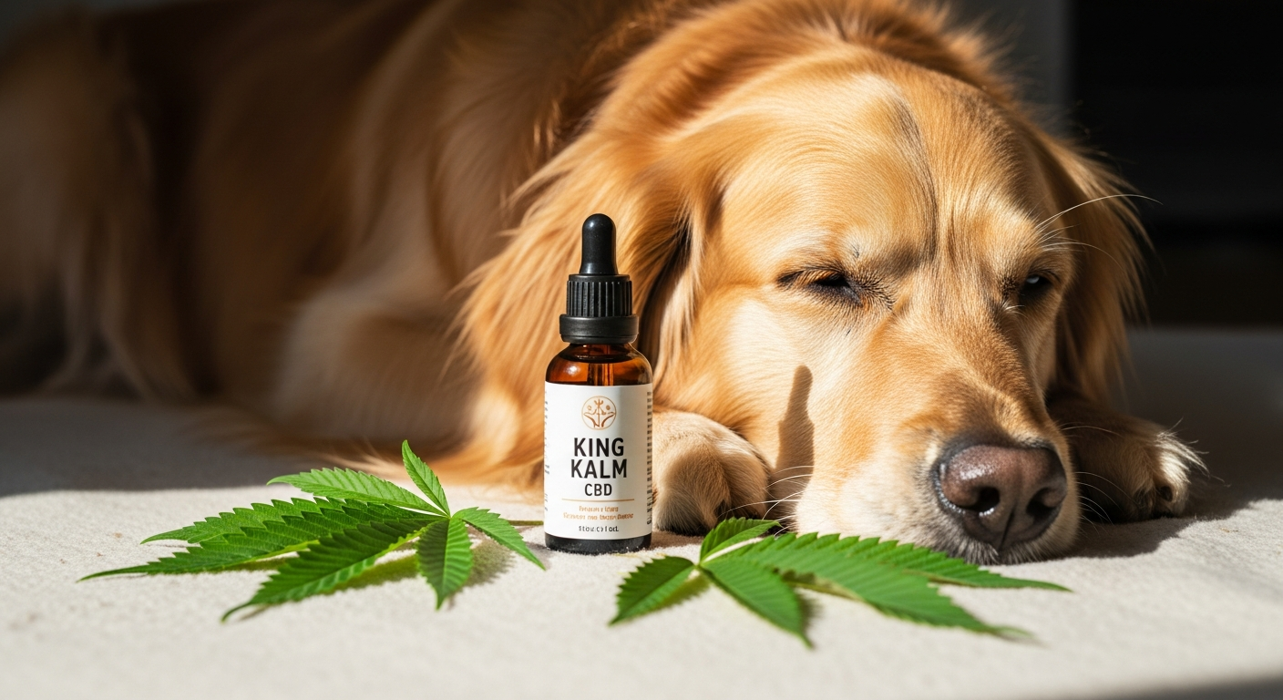 King Kalm CBD oil bottles in various strengths displayed with pet wellness products