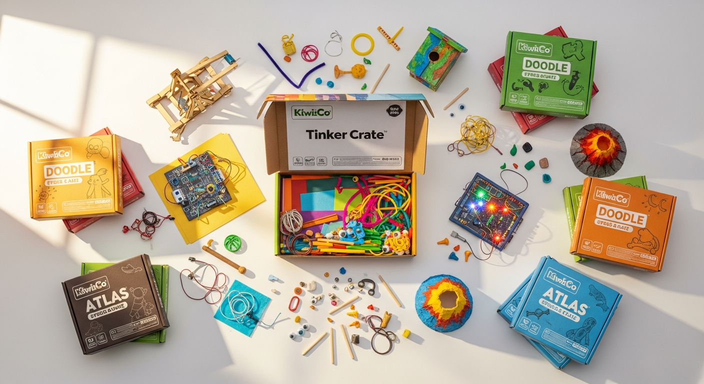 Child building colorful STEAM project from KiwiCo subscription box with materials spread out