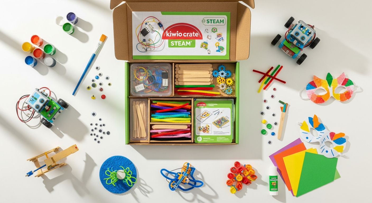 Colorful STEAM subscription box with craft materials and educational projects