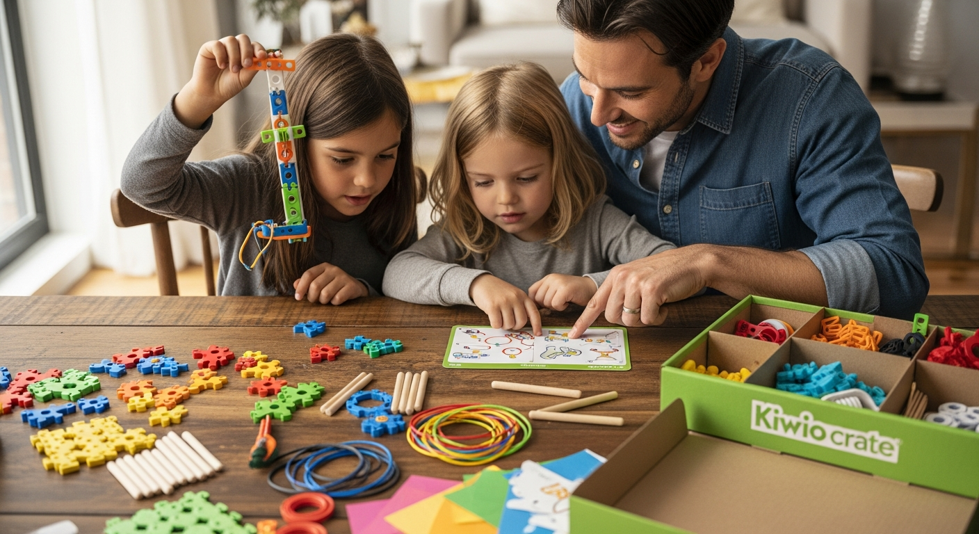 Colorful STEM building project materials and Explore Magazine from Kiwi Crate subscription box