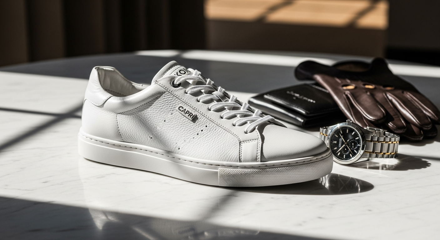 Koio Capri leather sneaker in triple white colorway displayed on neutral background
