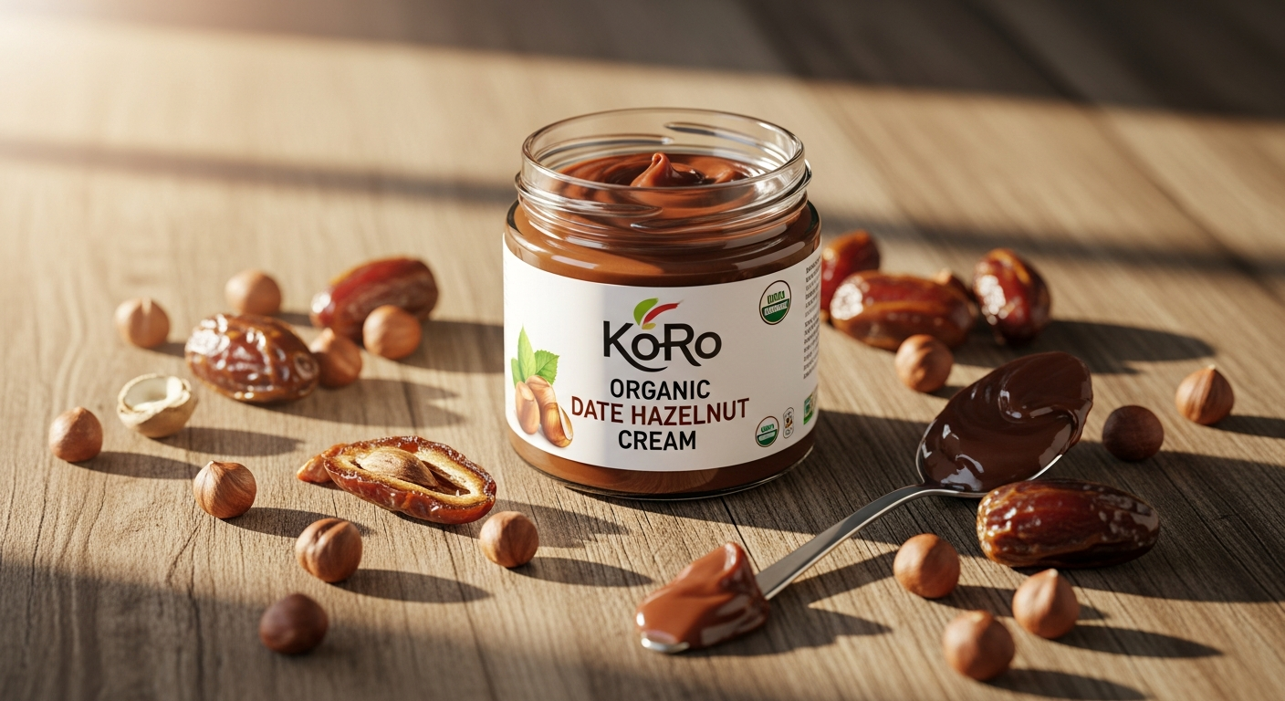 KoRo Organic Date Hazelnut Cream Spread jar with fresh hazelnuts and dates