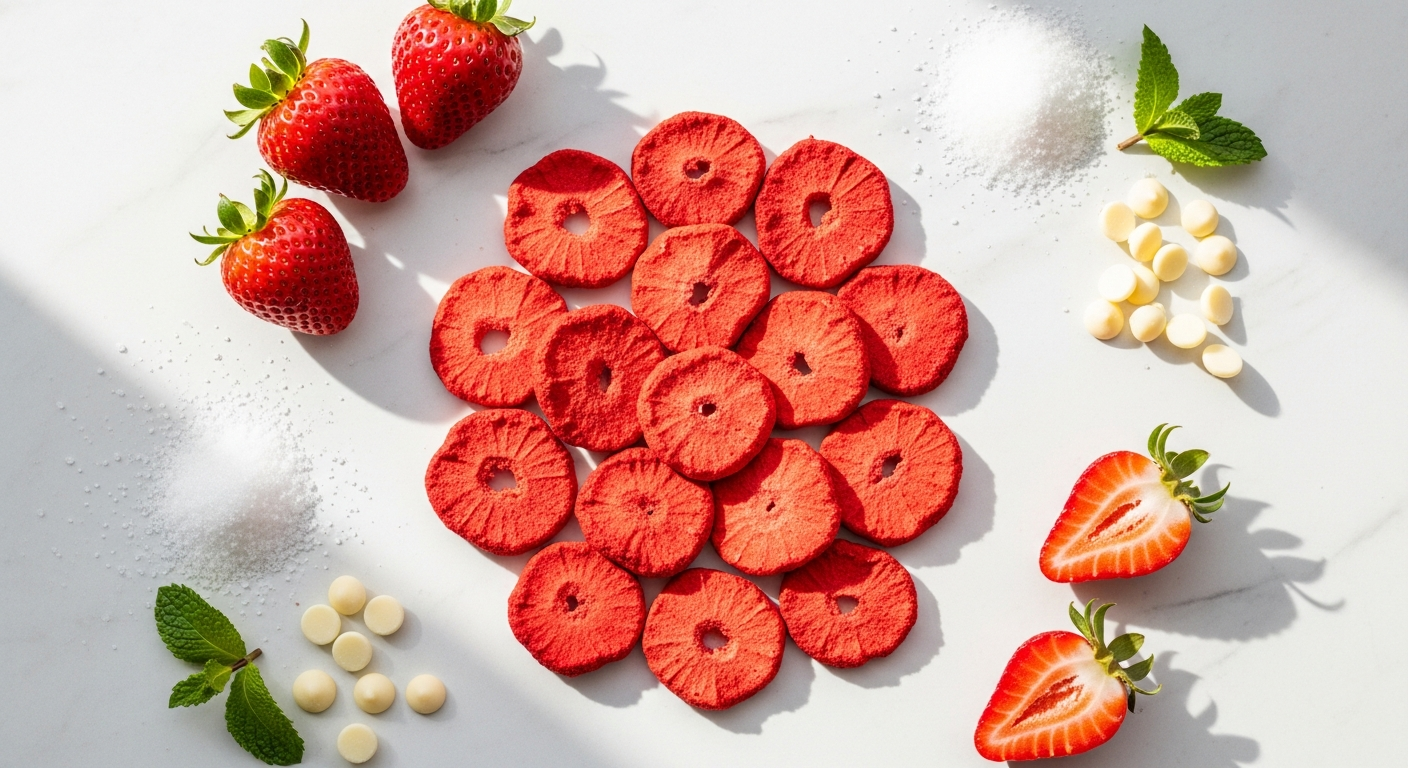 KoRo freeze-dried strawberry slices displayed on elegant dessert with vibrant pink color