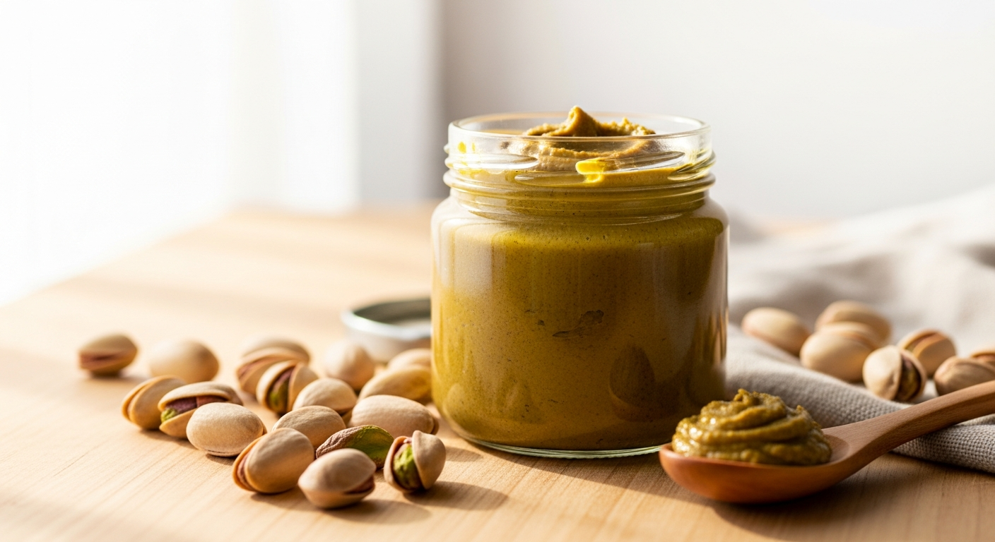 KoRo pistachio butter 500g jar with creamy green spread and fresh pistachios