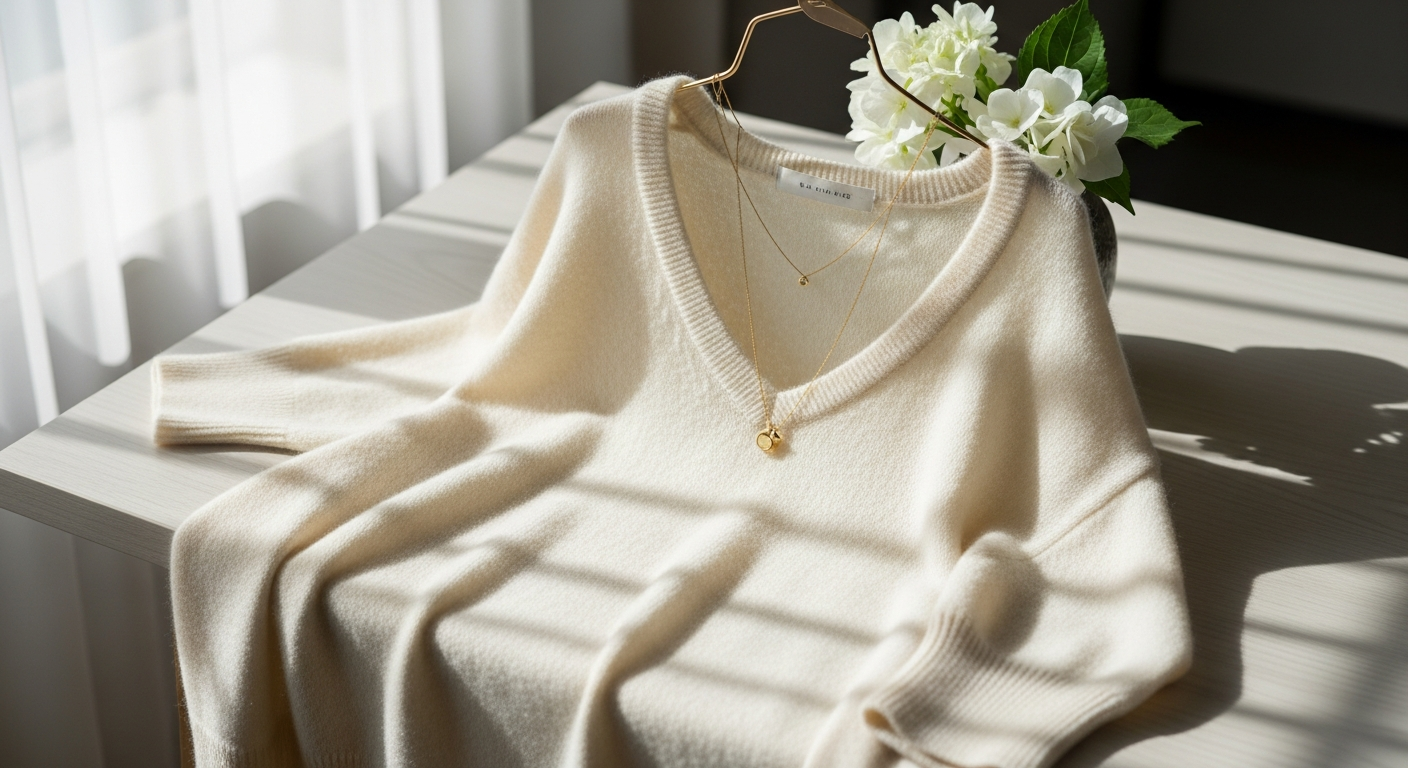 La Garconne luxury cashmere knit top in neutral tone displayed on model