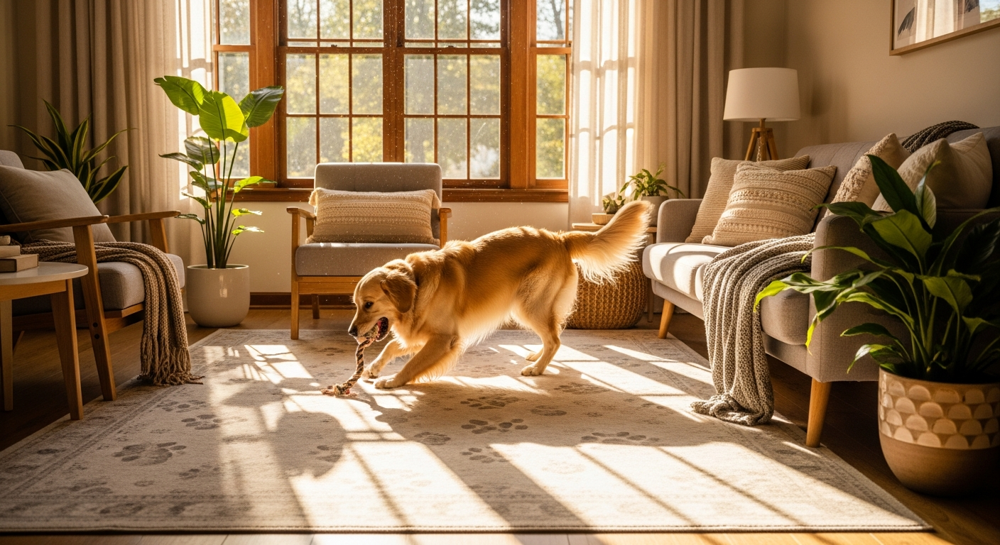 Lahome machine-washable area rug in bohemian pattern displayed in modern living room with pets