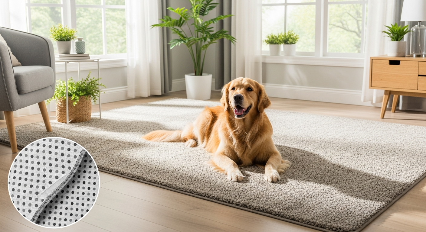 Soft machine-washable area rug with non-slip backing in modern home with pets