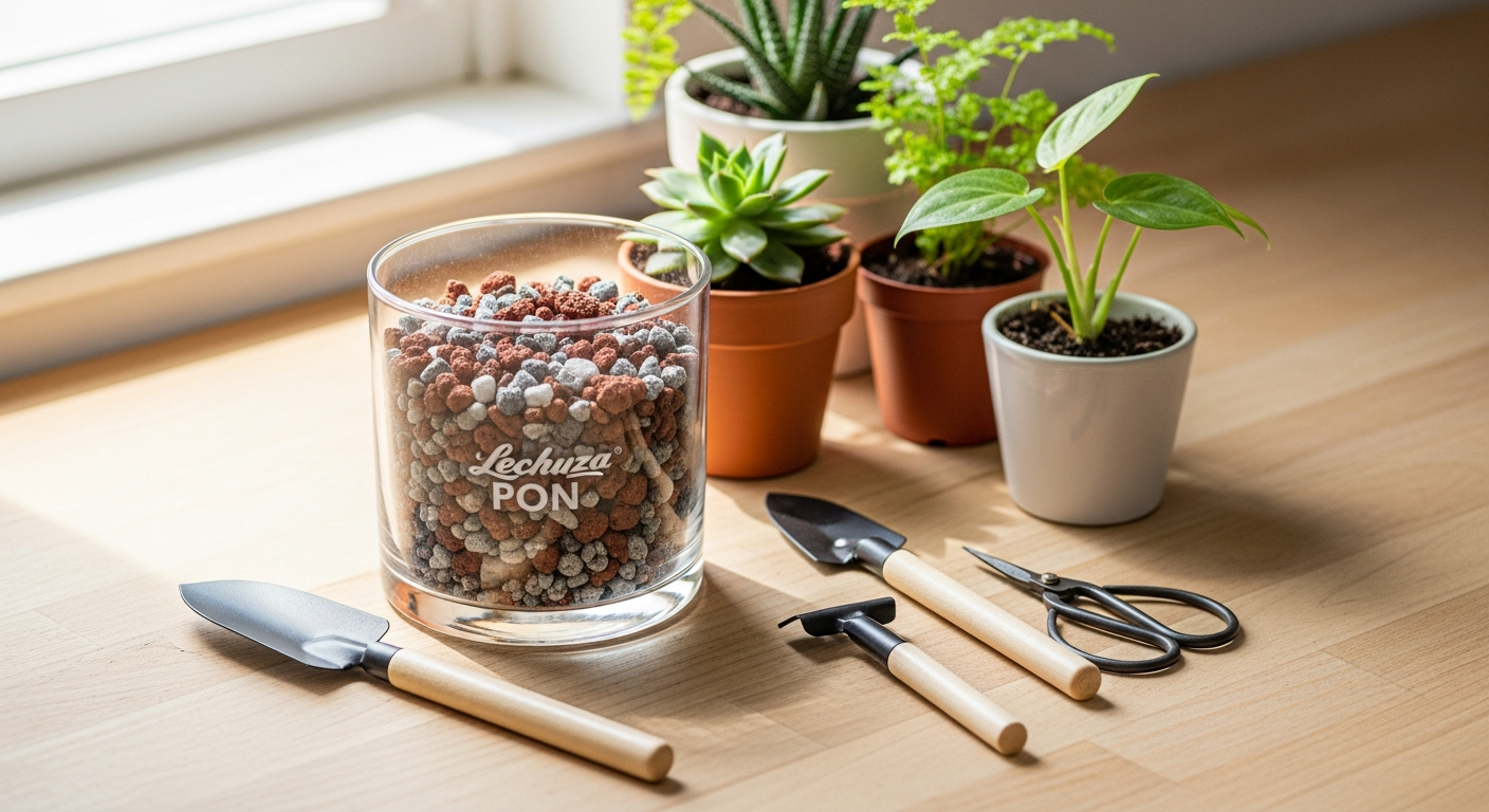 Lechuza PON mineral substrate in white container with zeolite pumice lava rock composition