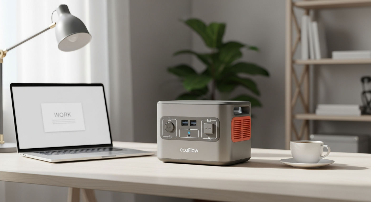 EcoFlow River 2 Pro portable power station on wooden desk with laptop and monitors