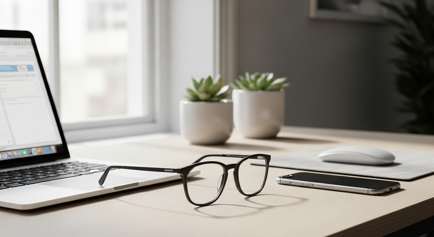 Woman wearing EyeDefinition BRIGHT contact lenses working at computer desk