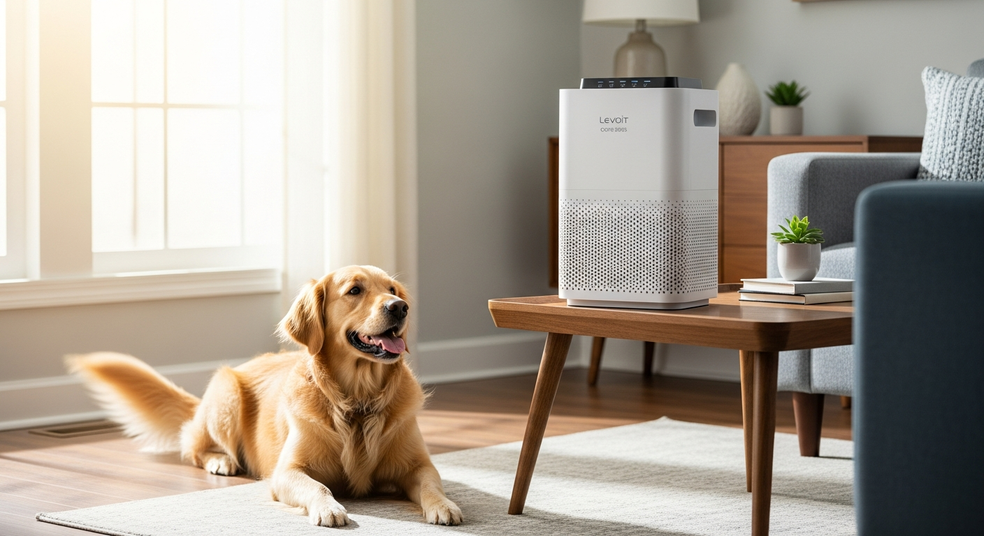 Levoit Core 200S Smart Air Purifier displayed in a modern bedroom with pet-friendly design