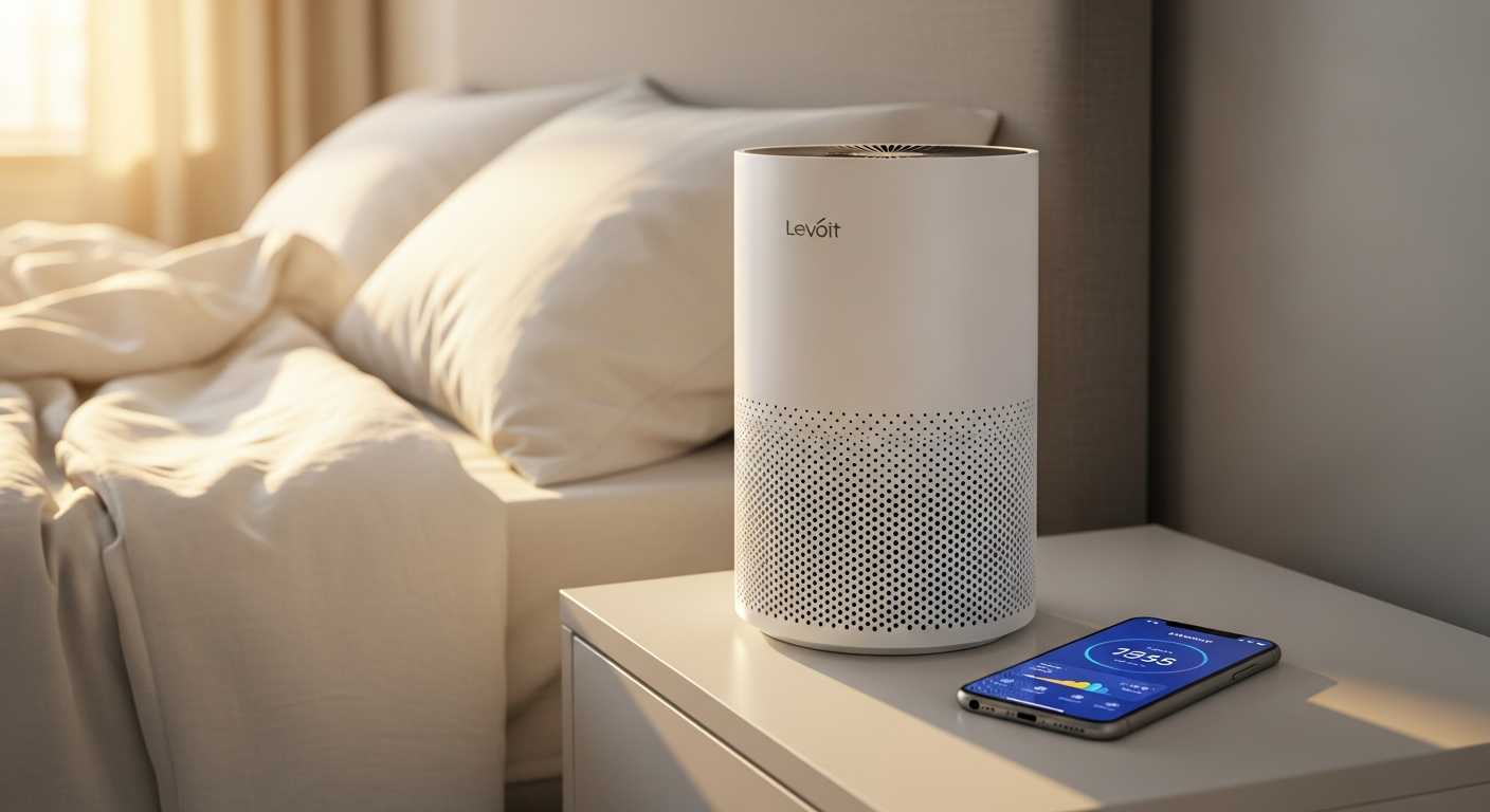 Levoit Core 300S Smart Air Purifier on bedroom nightstand with app control display