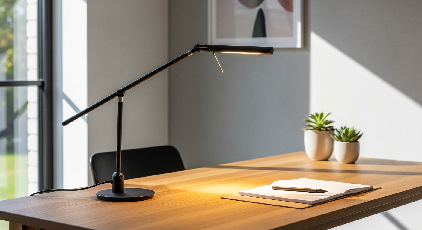 Baltensweiler FEZ T LED table lamp with aluminum head and adjustable tilt on desk
