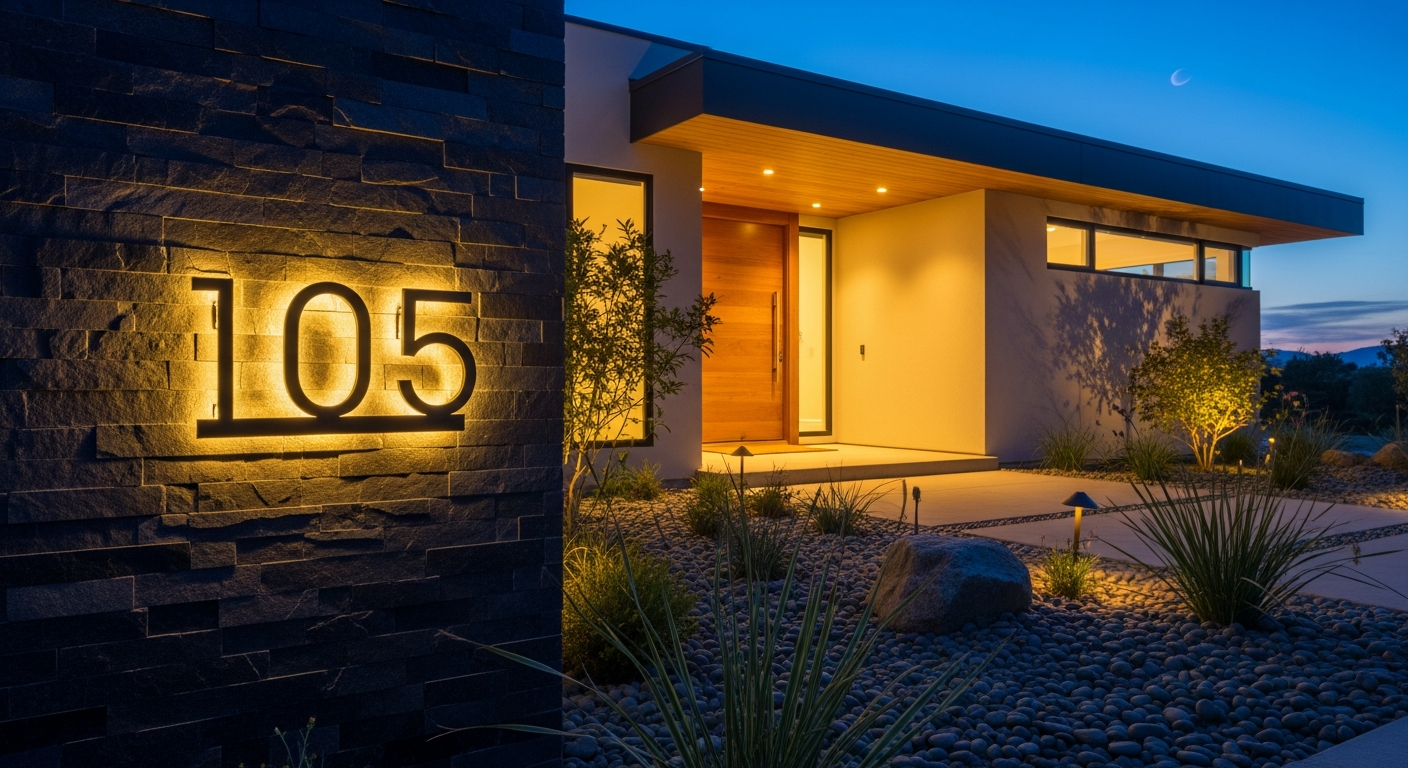 Modern solar LED backlit house numbers illuminating residential address on home exterior at night