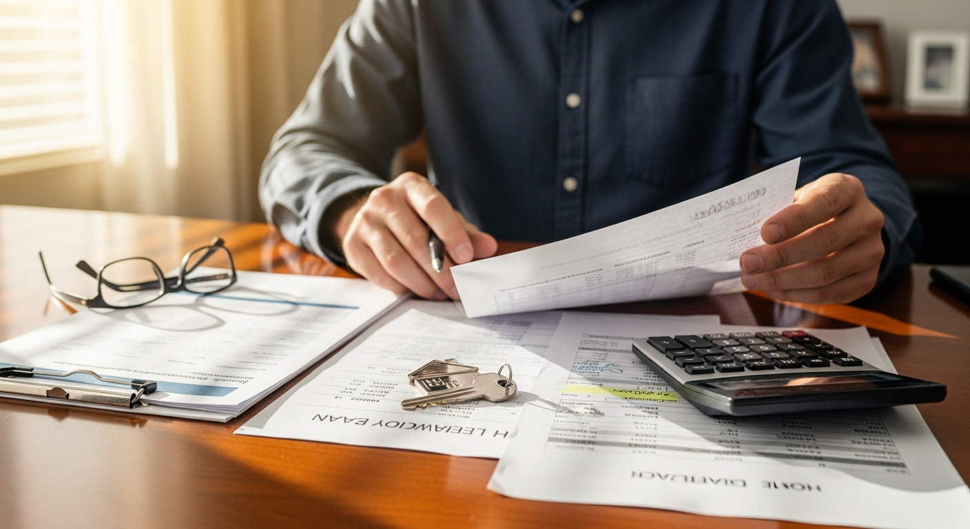 Homeowner reviewing debt consolidation loan options on laptop with financial documents