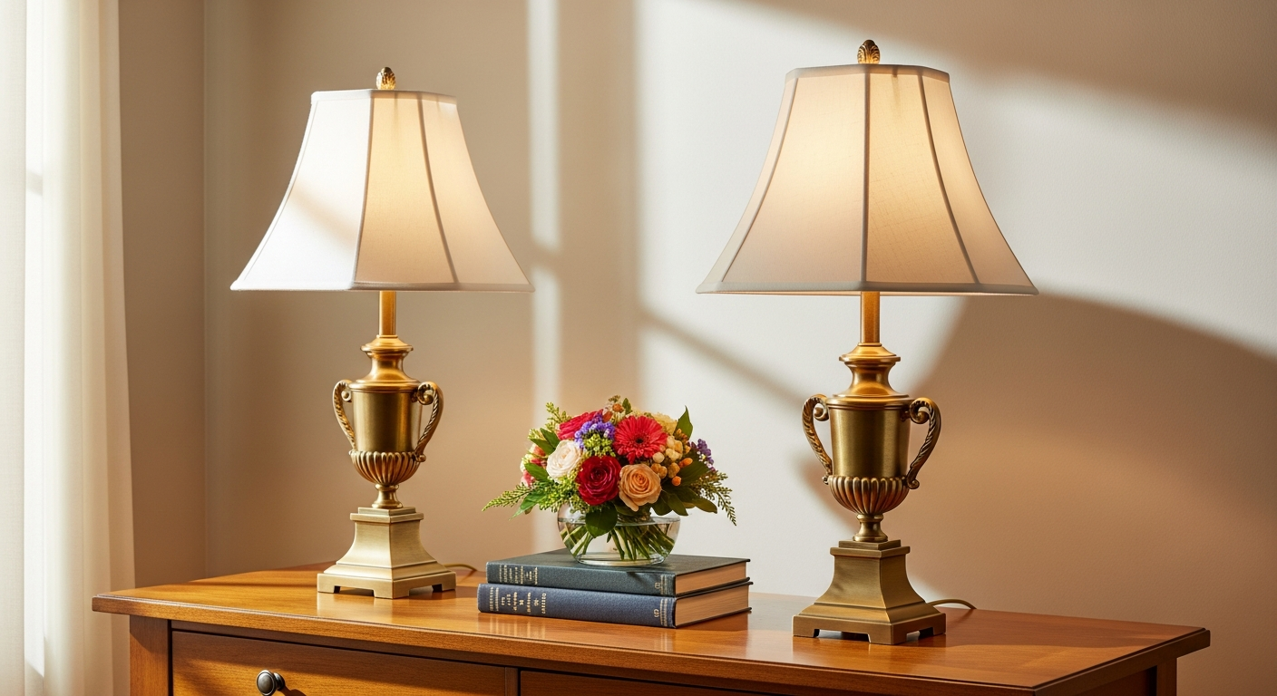 Loberon Filia Antique Gold Table Lamp with black accents and linen shade