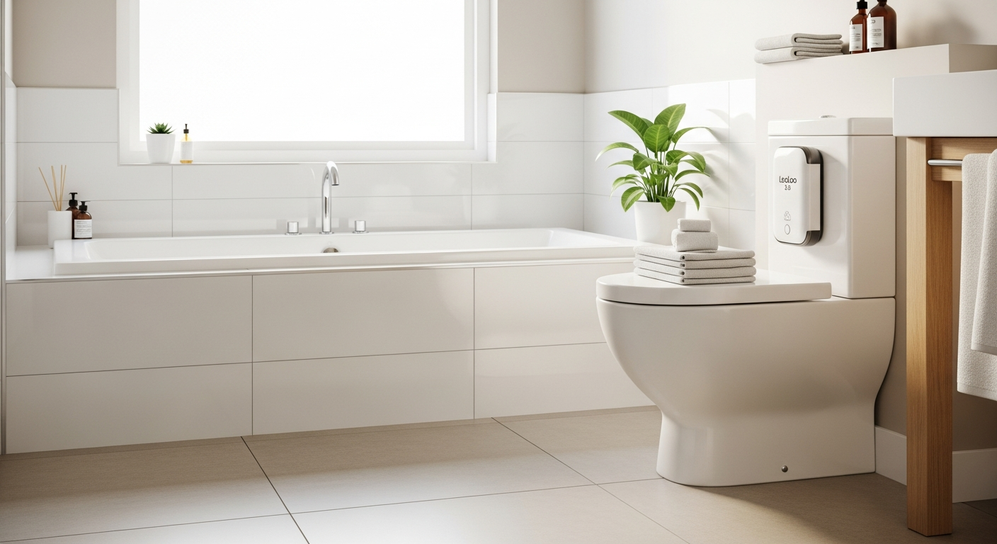 LooLoo 3.0 touch-free toilet freshener with blue nightlight in modern bathroom
