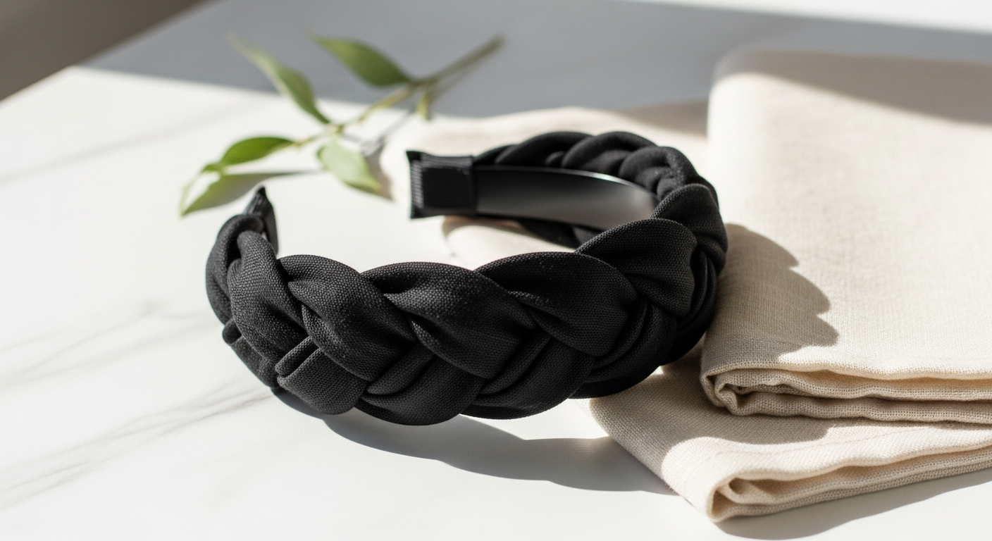 Black linen flat braided hairband displayed on neutral background showing texture
