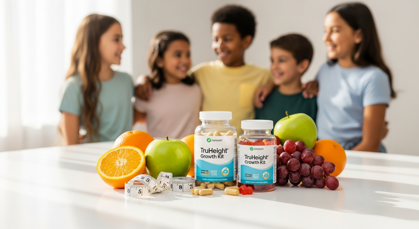 TruHeight Growth Kit for Kids and Teens supplement bottles and protein shake