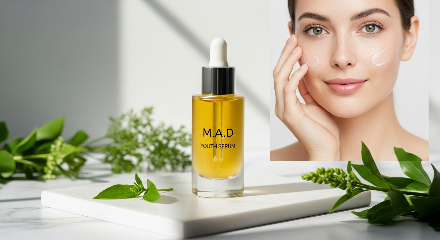 M.A.D Youth Transformation Age Corrective Serum bottle with stem cell and peptide technology formula