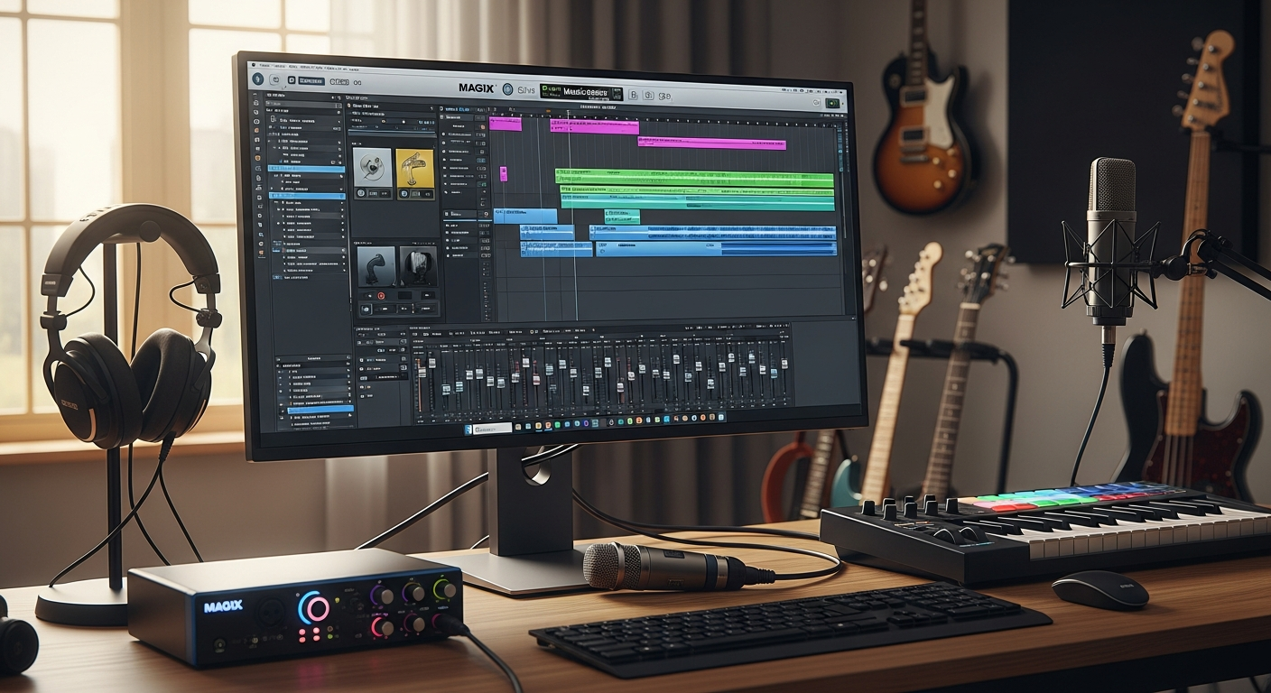 MAGIX Music Maker 2026 Premium interface showing beat production tools and AI composition features