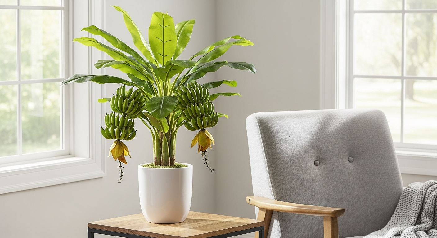 Realistic artificial banana plant with natural wood trunk in modern home interior