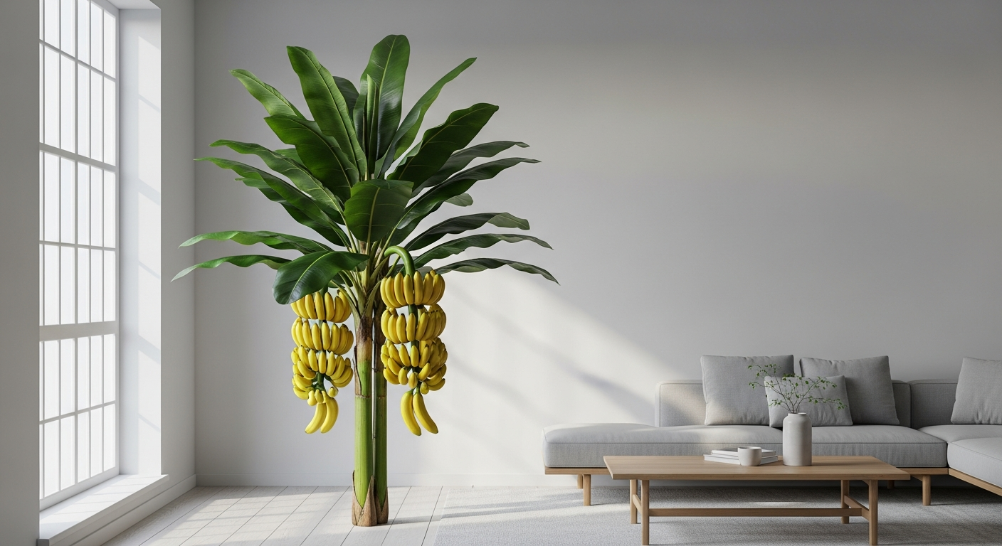 Realistic artificial banana tree with natural bark trunk and flexible green leaves in black pot
