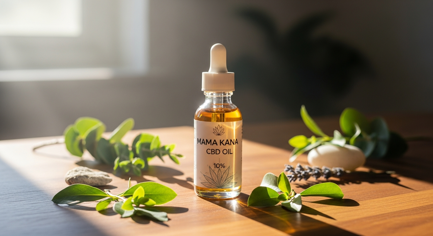 Mama Kana 10% organic full spectrum CBD oil bottle with dropper on white background