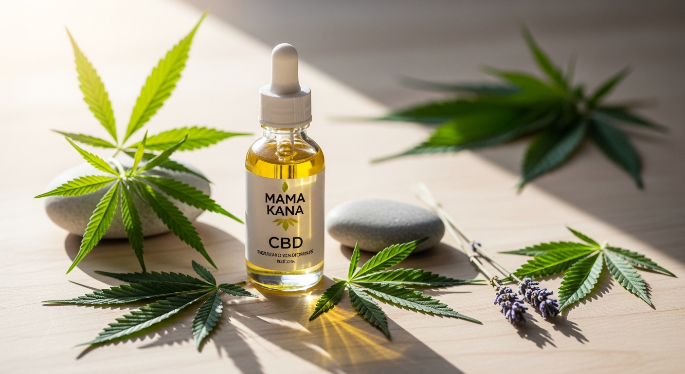 Mama Kana 10% Full-Spectrum Organic CBD Oil bottle with hemp leaves and wellness background