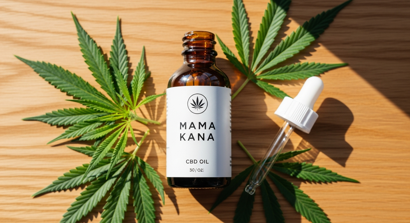 Mama Kana 10% Organic Full-Spectrum CBD Oil bottle with hemp leaves and natural ingredients