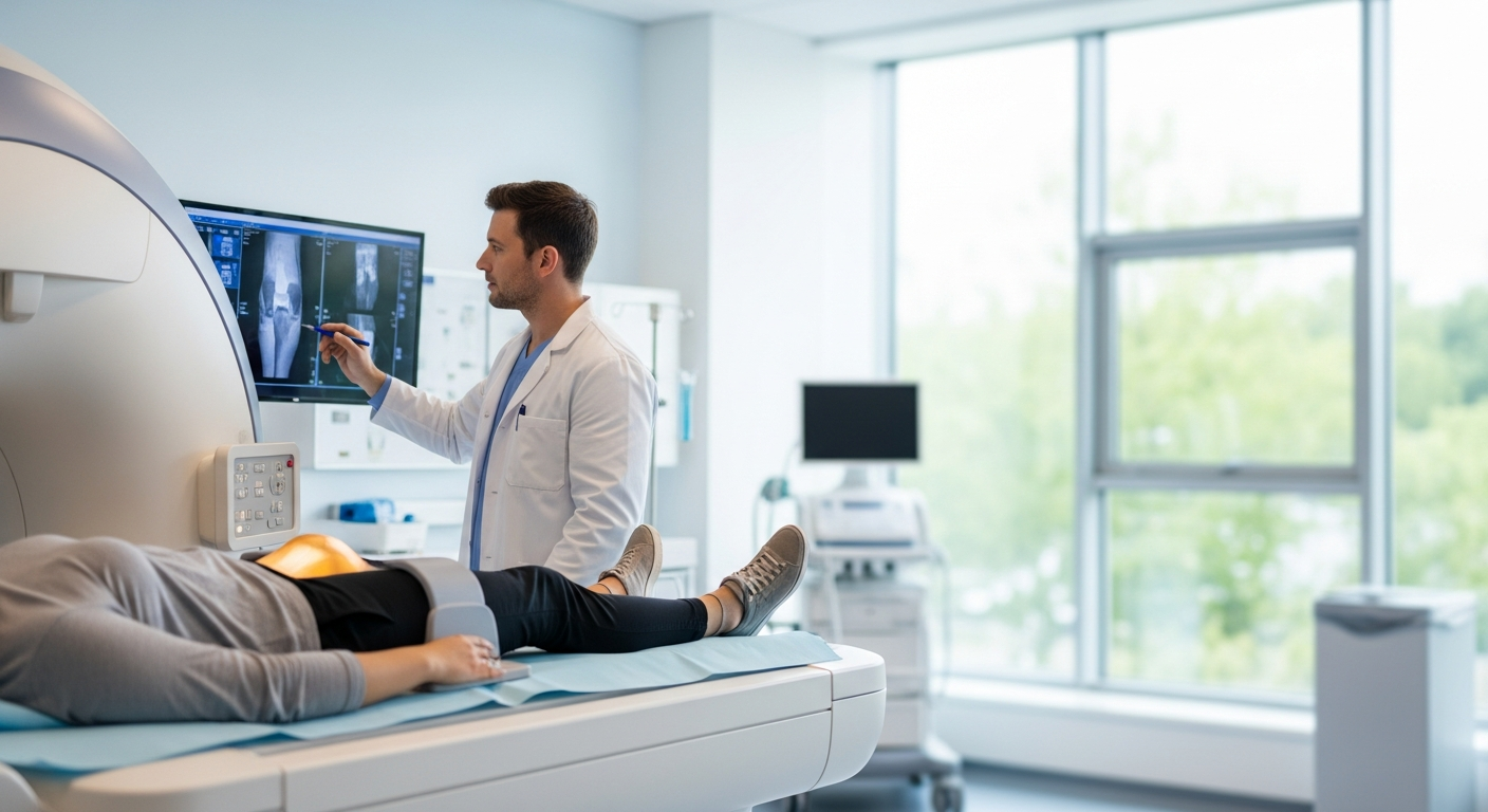Medical professional performing knee MRI scan on patient in modern diagnostic imaging facility