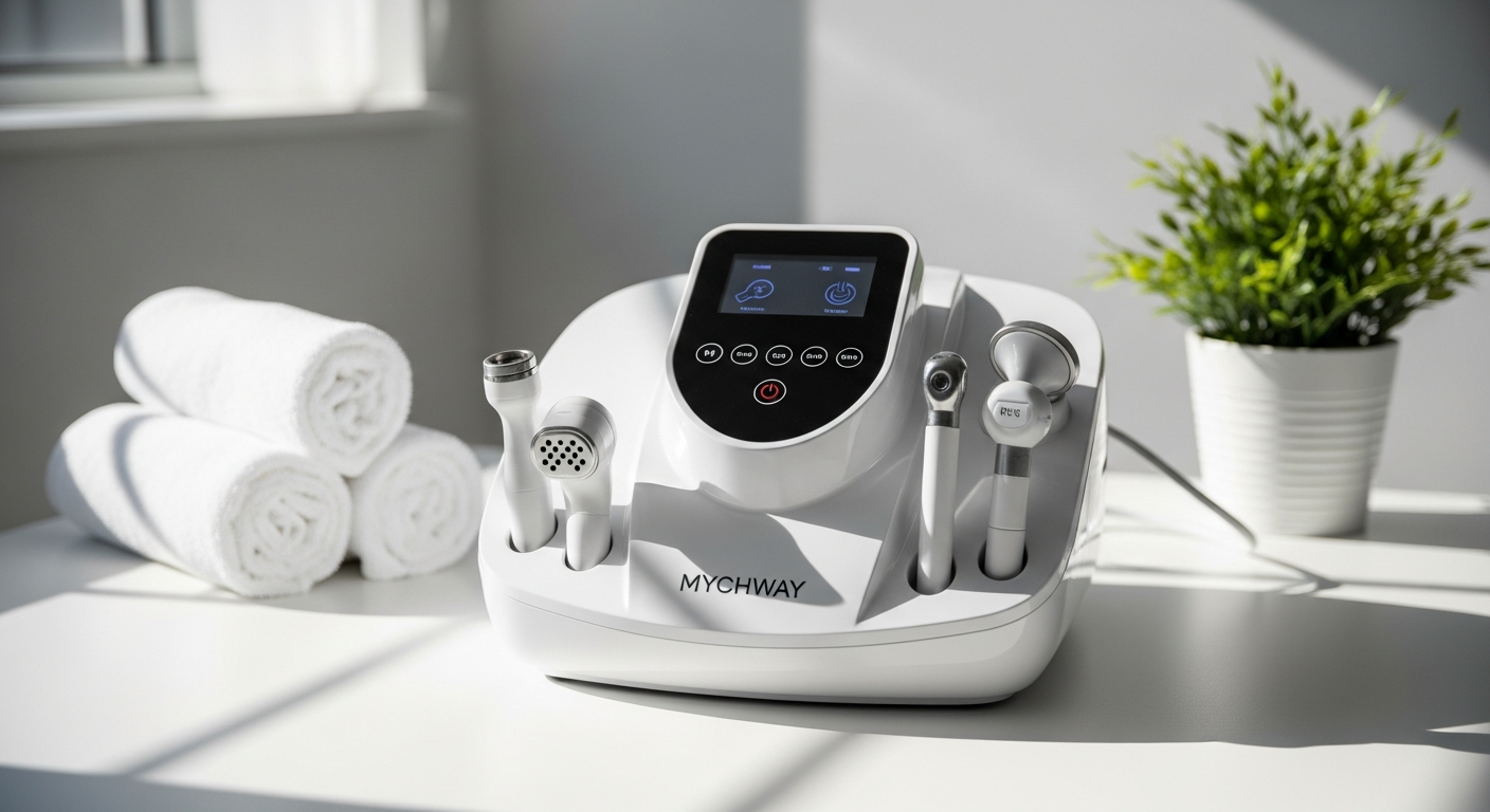 MYCHWAY 6-in-1 ultrasonic cavitation RF body sculpting machine with multiple treatment heads displayed