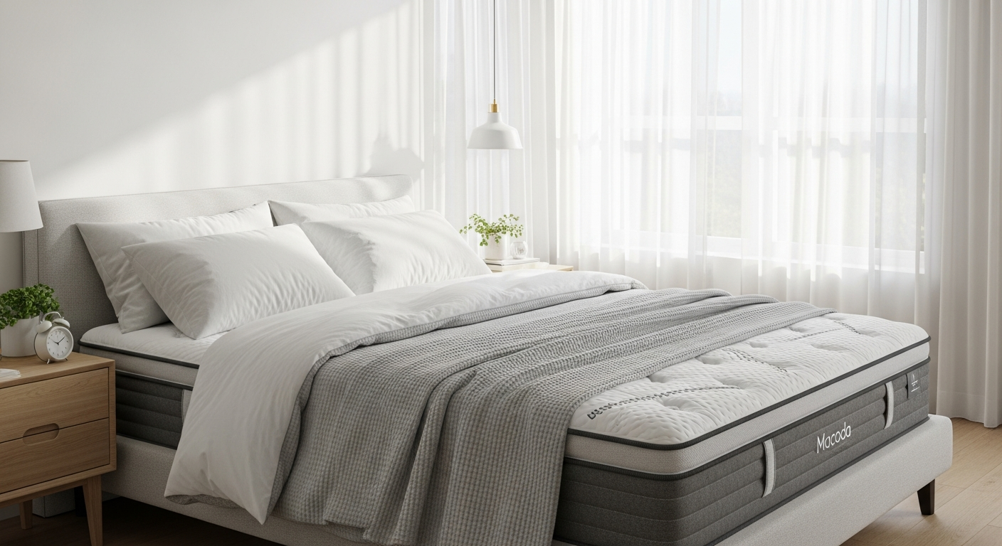 Macoda Hybrid Mattress with adjustable layers and cooling technology displayed