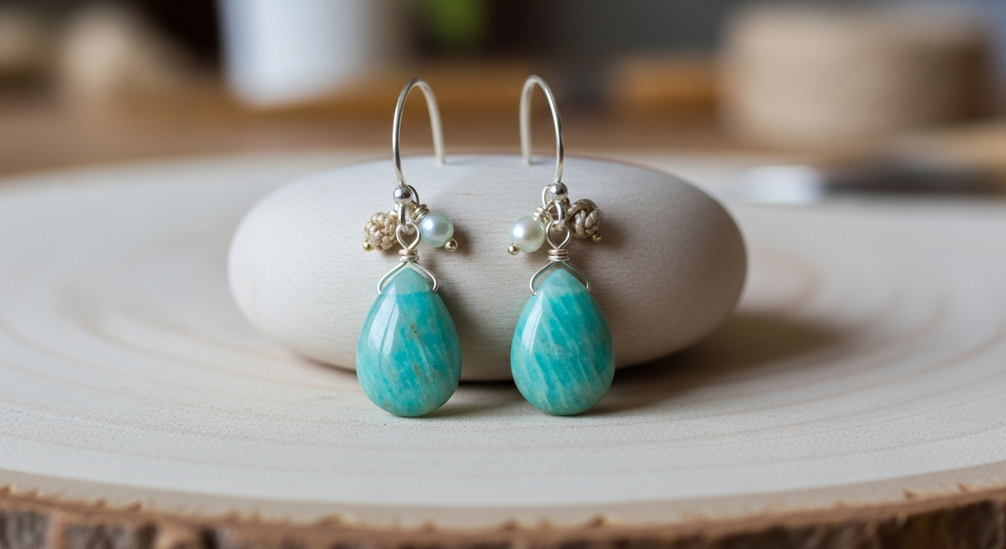 Handmade Amazonite gemstone drop earrings in sterling silver with calming blue-green stones