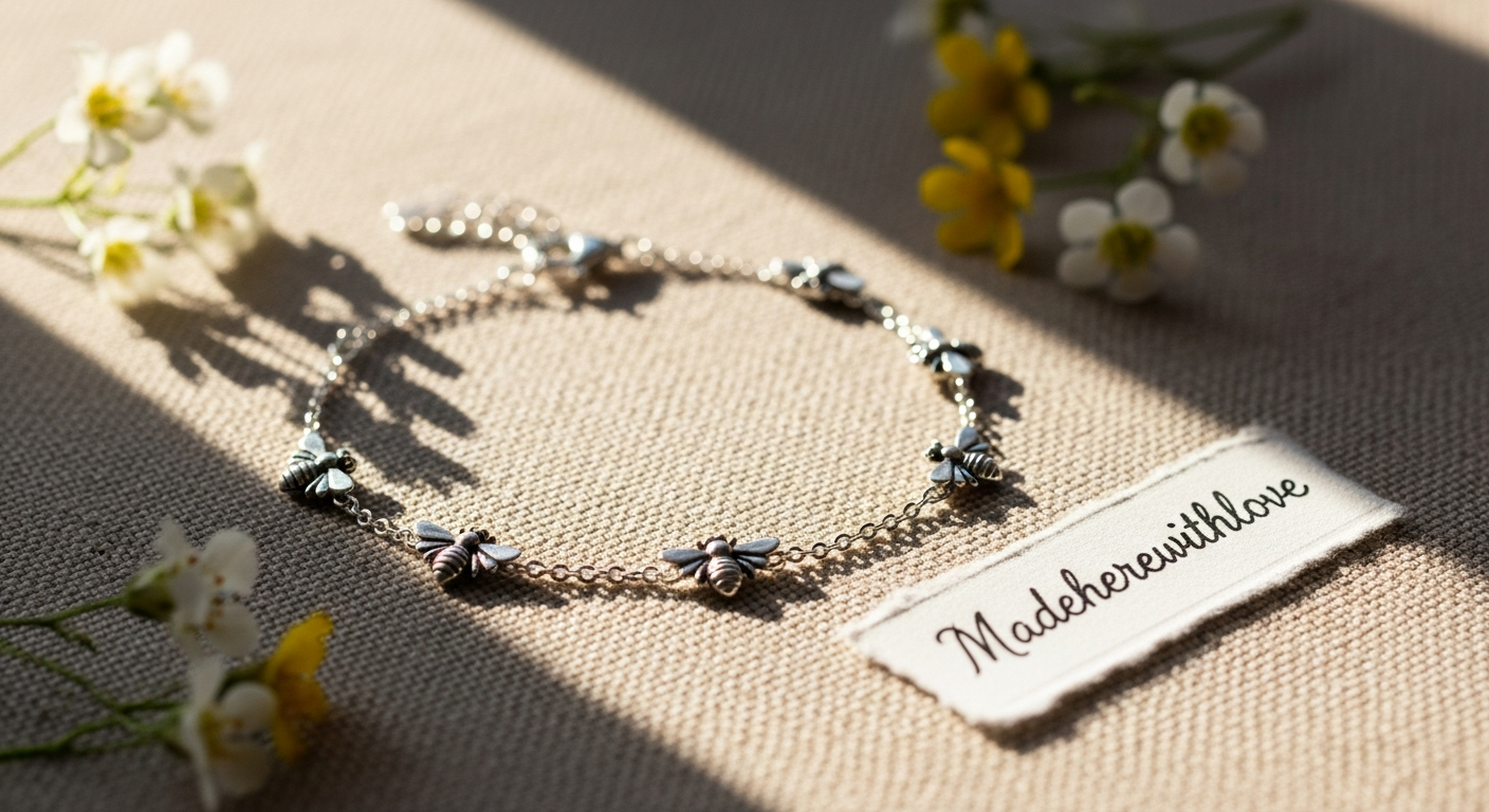 Sterling silver bee charm bracelet with stretch beads on white background